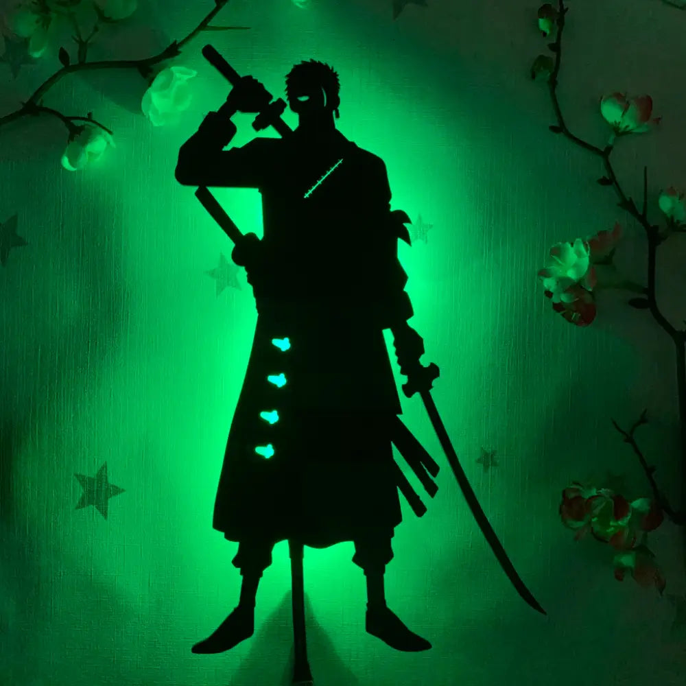 Green-lit led wall lamp featuring a sword-wielding anime character with glowing heart accents and remote color changing