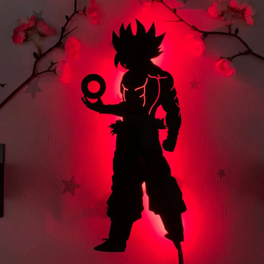 Black silhouette led wall lamp shaped like goku character with red backlighting anime custom color-changing light