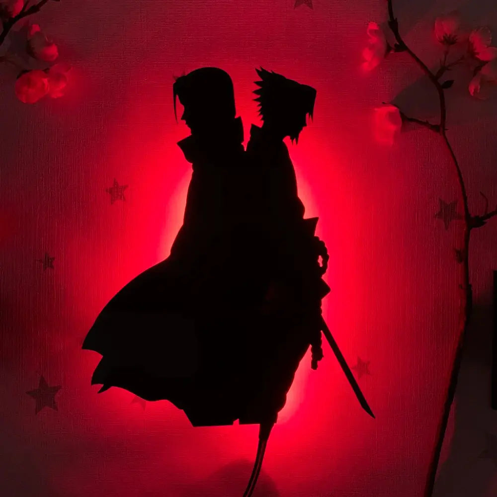 Silhouette of two anime figures in dark poses on a glowing red led wall lamp with cherry blossoms and stars