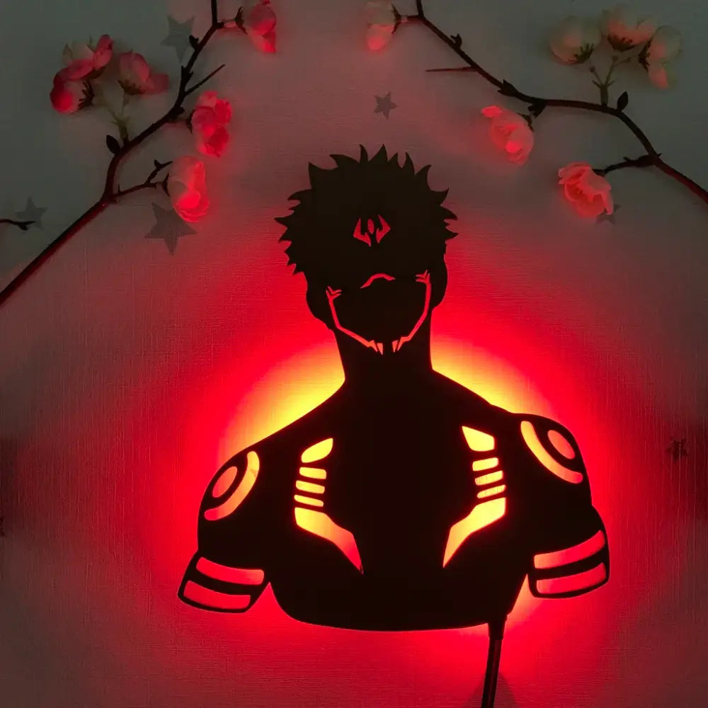 Black silhouette led wall lamp shaped like anime character with glowing red and orange accents remote color-changing light