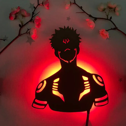 Black silhouette led wall lamp shaped like anime character with glowing red and orange accents remote color-changing light