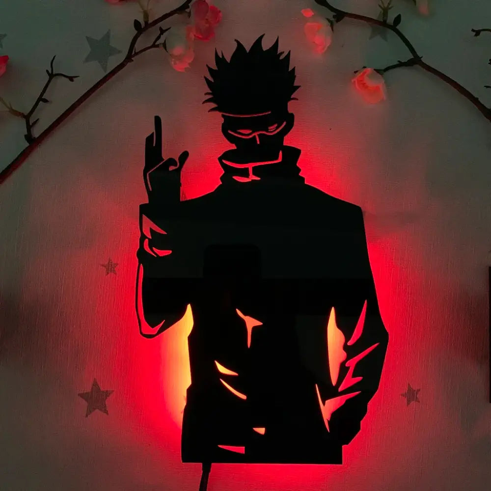 Black silhouette led wall lamp featuring a stylized anime character with spiky hair and glowing red orange light