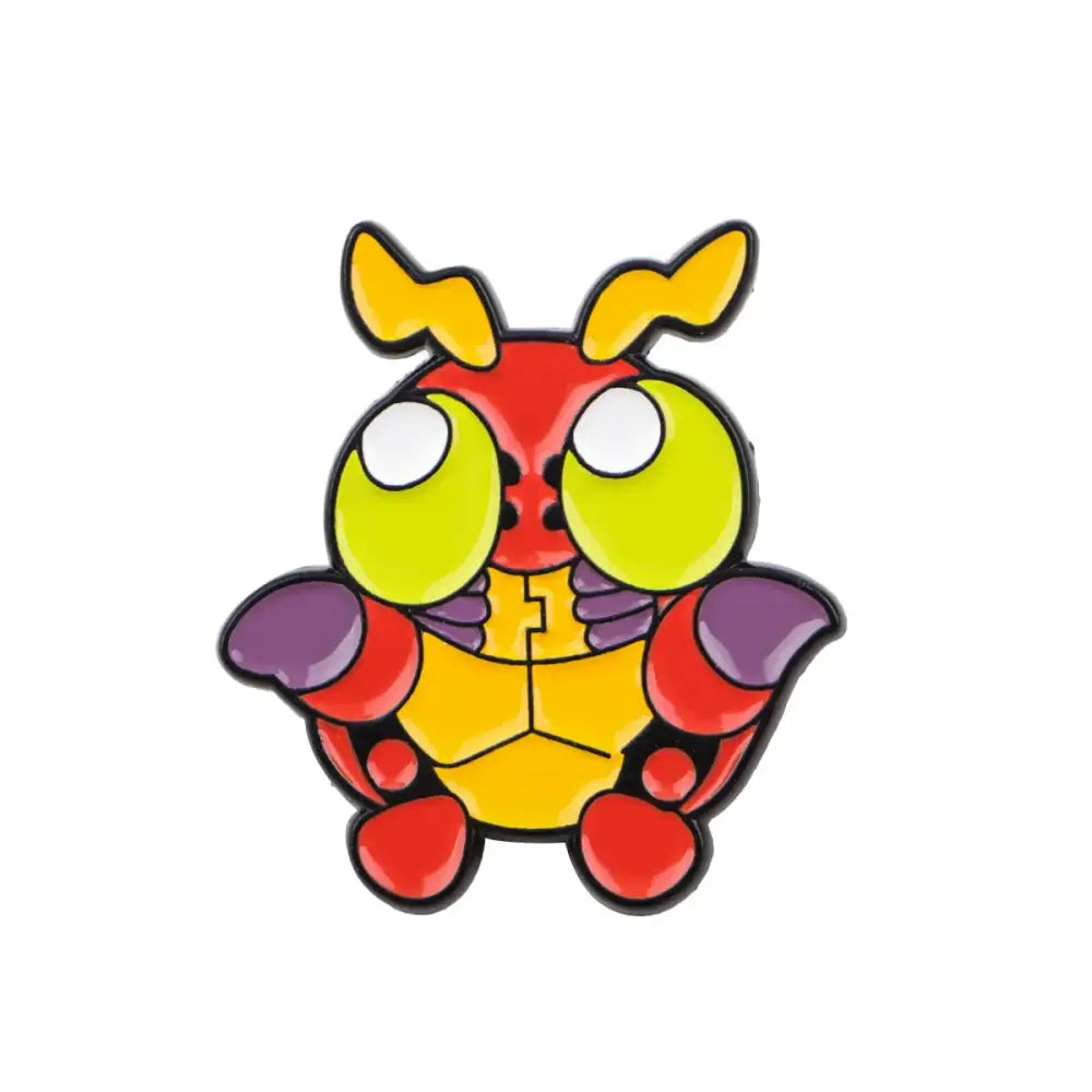 Anime elf enamel pin featuring a colorful cartoon insect with large green eyes and red yellow segmented body