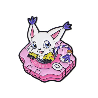 Anime elf enamel pin featuring a pink gear and white cartoonish digimon with blue eyes and purple-tipped ears