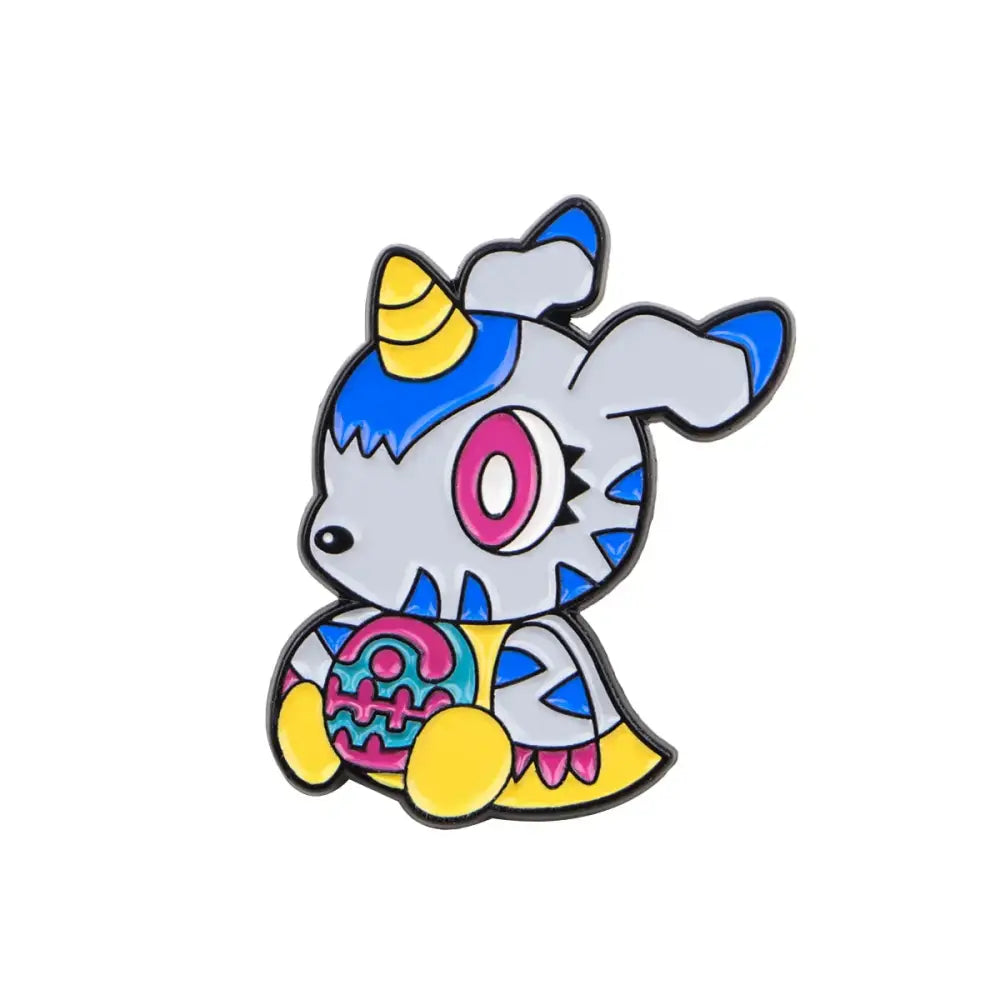 Anime elf enamel pin featuring a colorful cartoon creature with blue fur, yellow horns, and intricate purple patterns