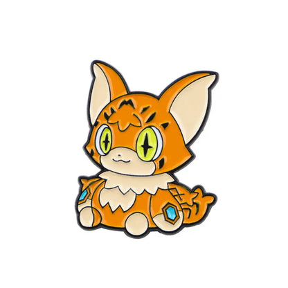 Anime elf enamel pin featuring an orange and cream fox with green eyes and blue gemstone accents for backpacks and lapels