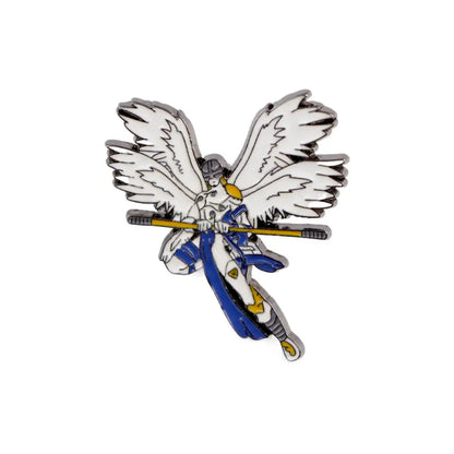 Anime elf enamel pin featuring white and blue angel design with gold accents, outstretched wings, and a staff for lapel or backpack