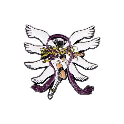 A metallic anime elf enamel pin with white wings purple ribbons and golden accents for backpacks and lapels