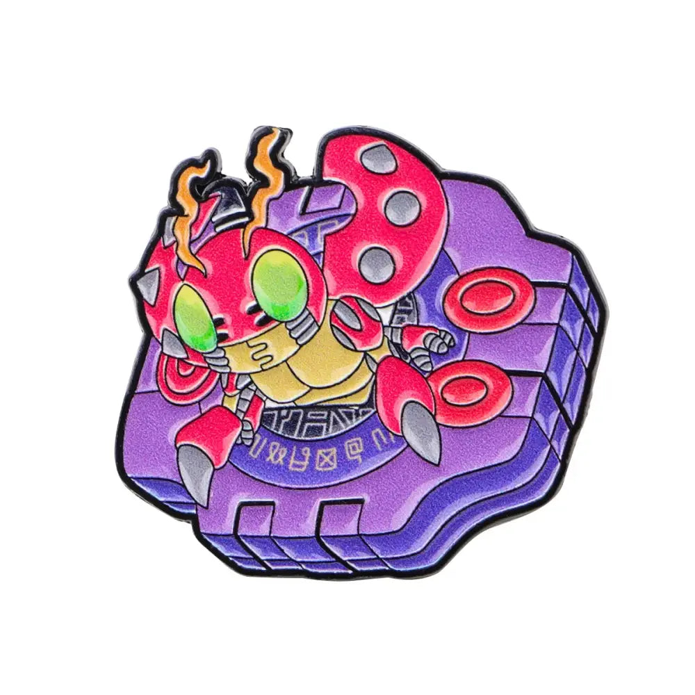 Anime elf enamel pin featuring a vibrant red and yellow robotic insect with green eyes on a purple hexagonal base