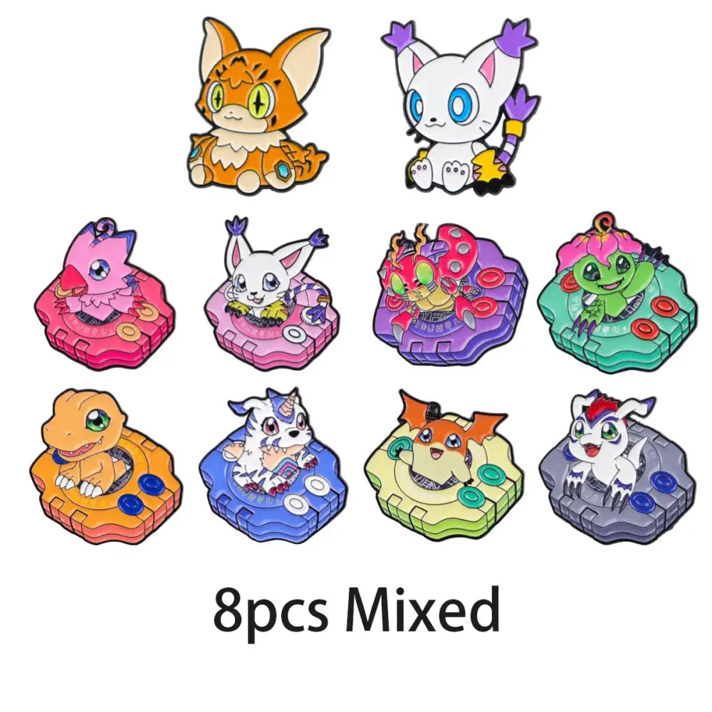 Colorful anime elf enamel pin set featuring nine vibrant digimon characters on metallic lapel brooches for backpacks