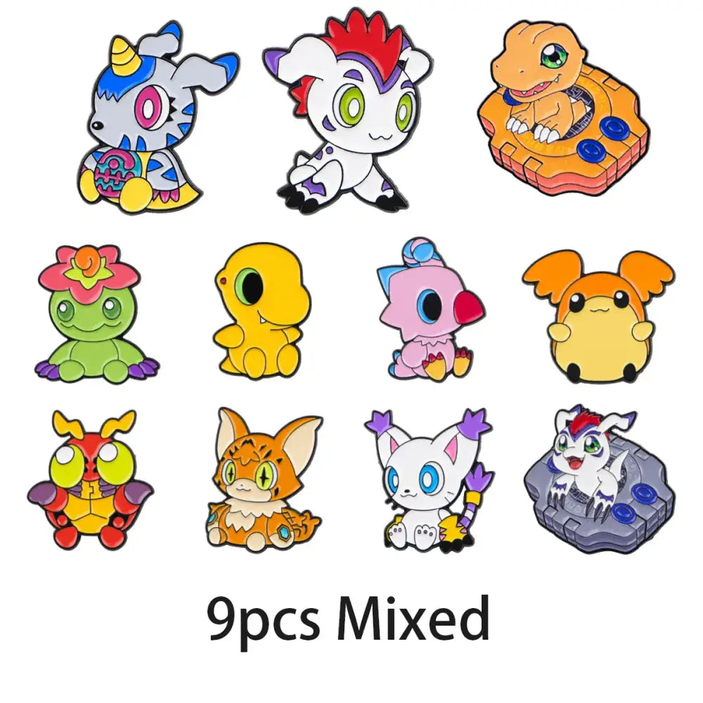 A collection of nine colorful anime elf enamel pins featuring cartoon-style digimon characters for backpacks and lapels