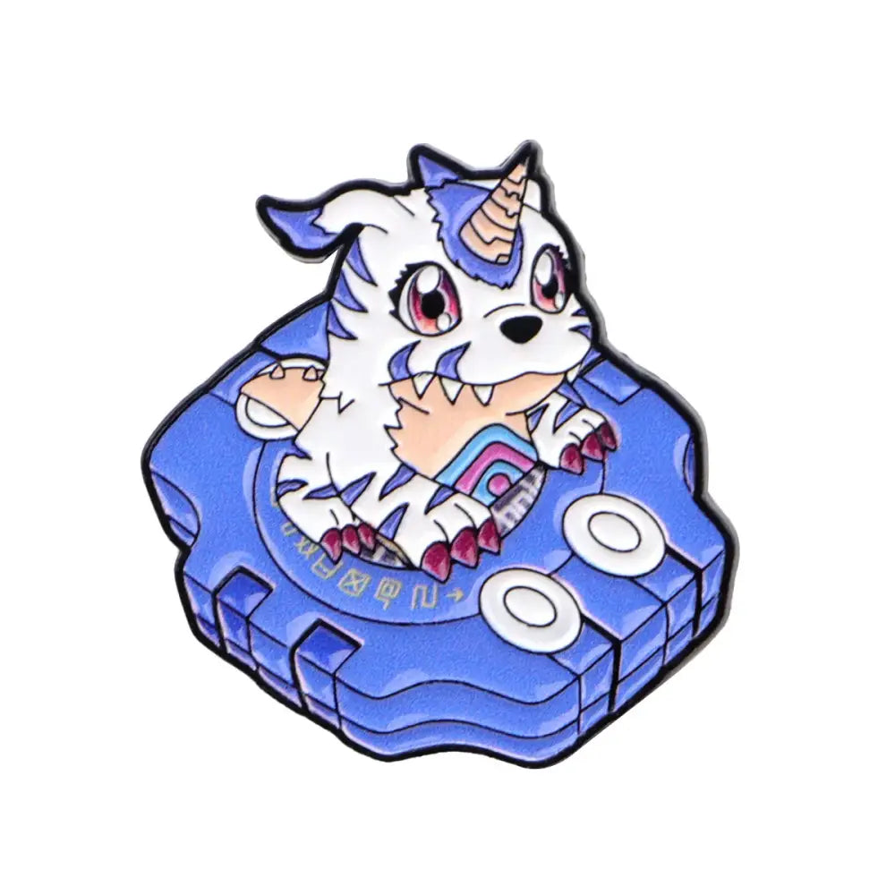 Blue hexagonal enamel pin featuring a white and purple anime elf cartoon with pink eyes and a unicorn horn for backpacks