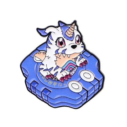 Blue hexagonal enamel pin featuring a white and purple anime elf cartoon with pink eyes and a unicorn horn for backpacks