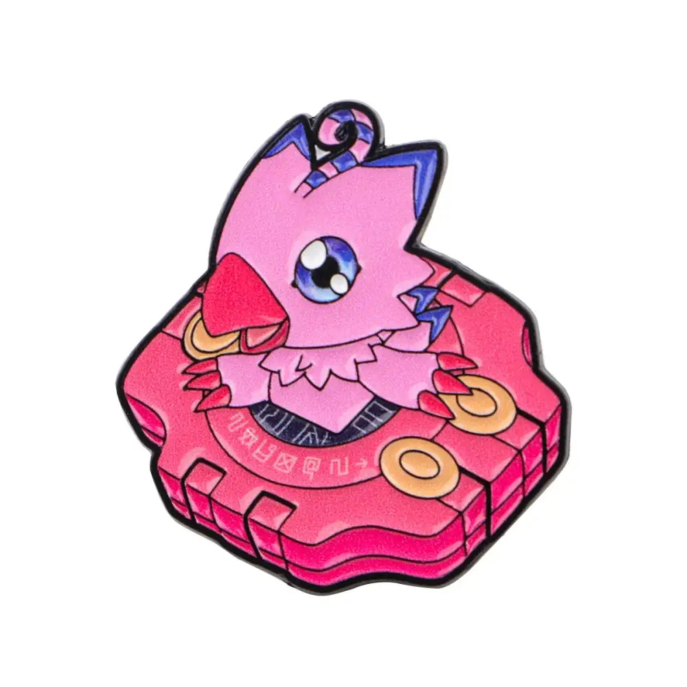 Pink enamel anime elf pin with blue eyes and red beak on pink gear base for backpack lapel brooch
