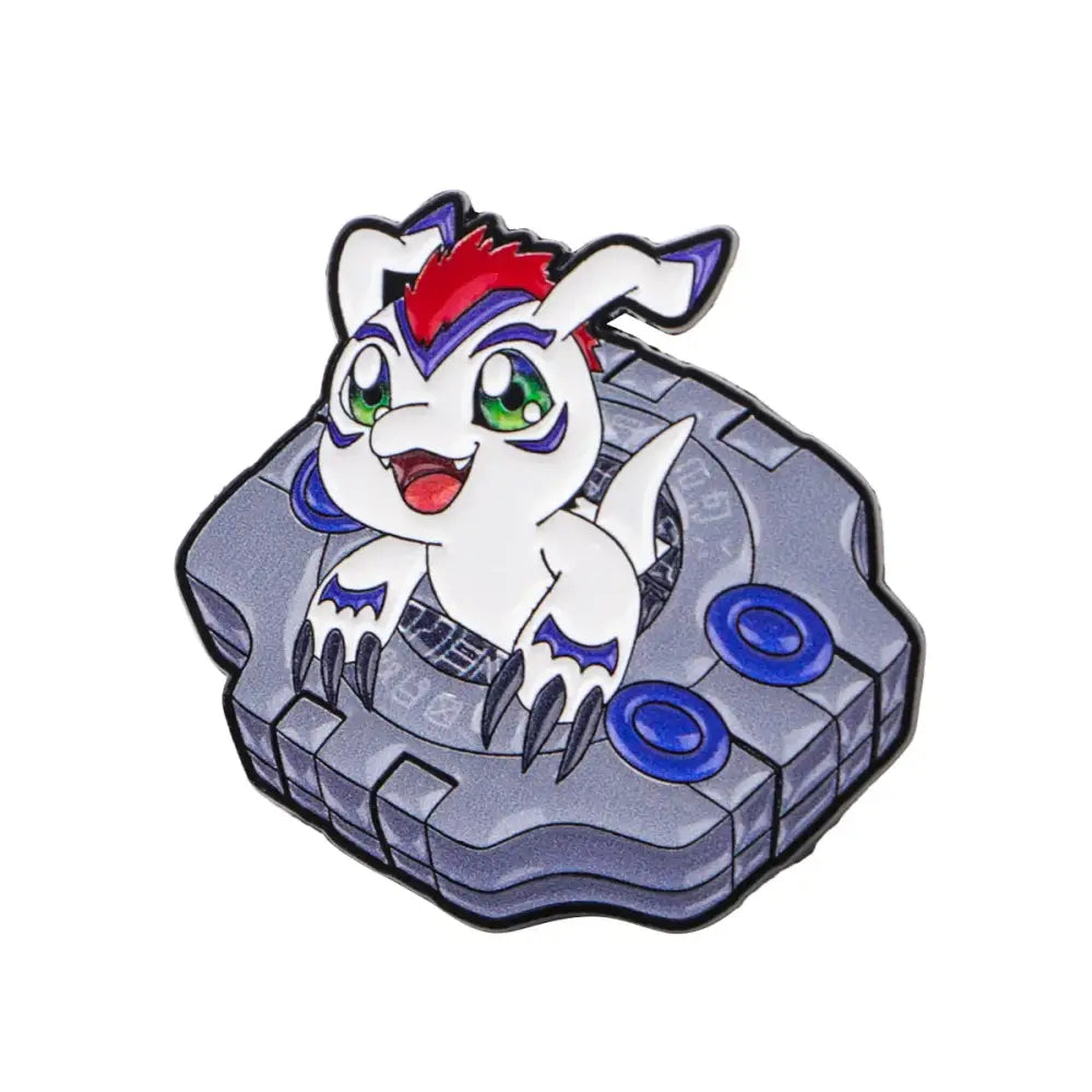 Anime elf enamel pin featuring a white red and purple haired digimon with green eyes on a stone device brooch