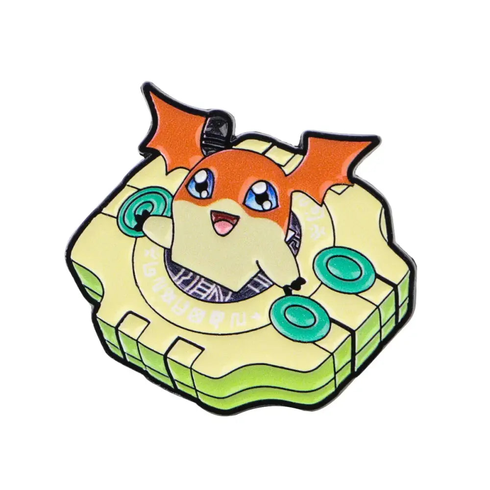 Anime elf enamel pin featuring a cheerful orange and cream digimon design with green circular accents for backpacks