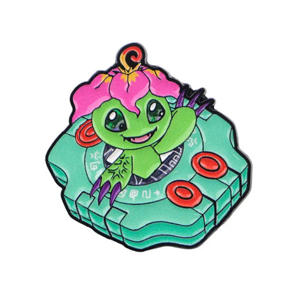 Anime elf enamel pin featuring a vibrant green cartoon creature with pink hair and purple claws on a teal device