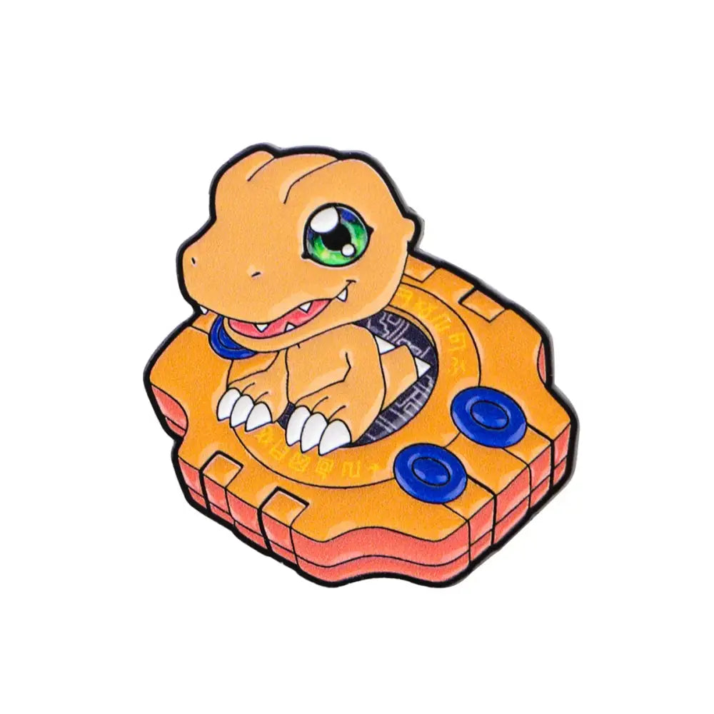 Orange and red anime elf enamel pin featuring cartoon agumon on a blue button octagonal digital device brooch