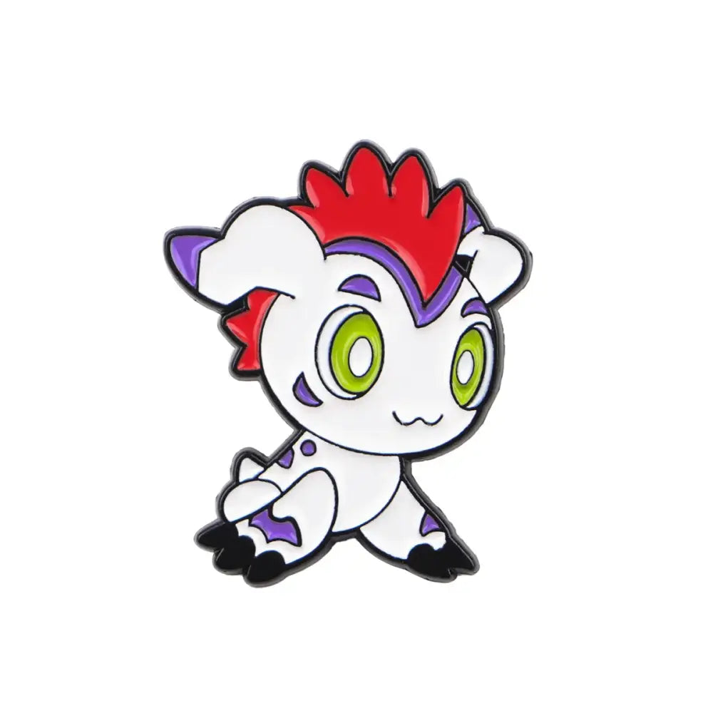 Anime elf enamel pin featuring a white red and purple cartoon creature with green eyes for backpack or lapel use