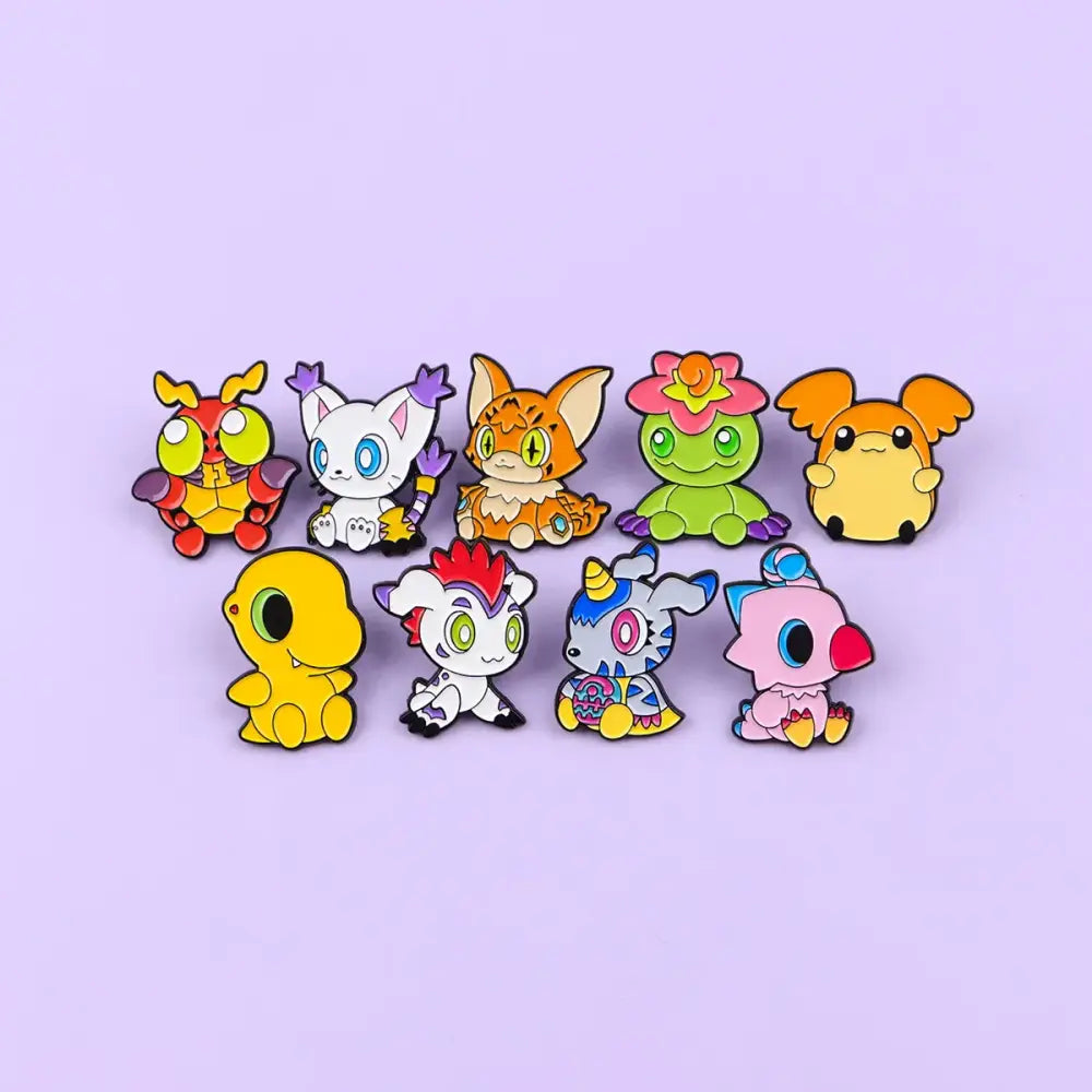 A collection of colorful cartoon-style anime elf enamel pins featuring cute animal characters for backpacks and lapels