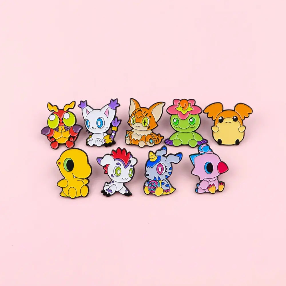 A collection of colorful cartoon-style anime elf enamel pins featuring cute animal characters for backpack lapel use