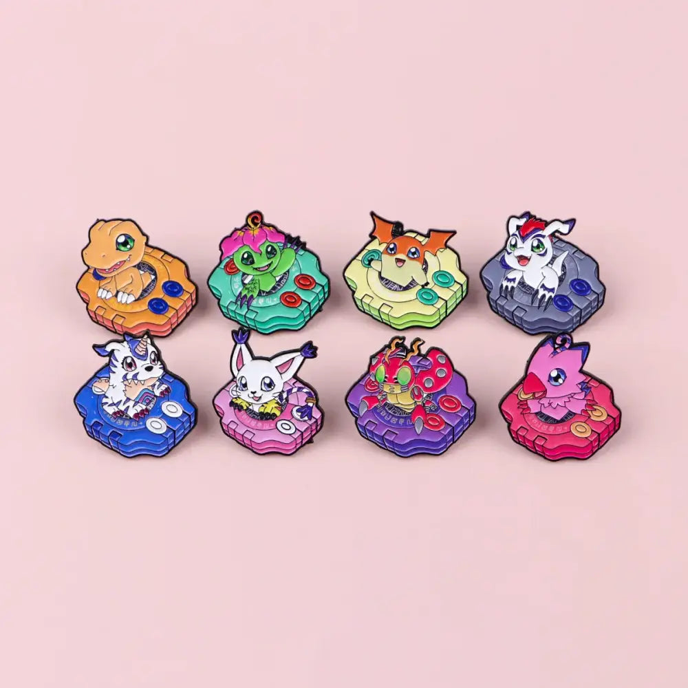 Set of eight colorful enamel pins featuring cute digimon characters on vibrant bases for anime elf backpack lapel brooch
