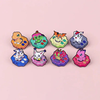 Set of eight colorful enamel pins featuring cute digimon characters on vibrant bases for anime elf backpack lapel brooch