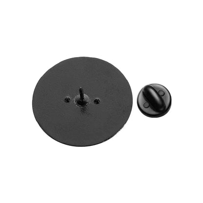 Black circular anime enamel brooch with matte finish and standard safety clasp for cartoon accessories
