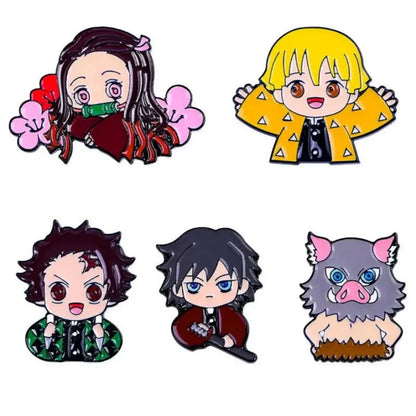 Chibi demon slayer anime enamel brooch set with colorful characters including girl with green flowers and gray boar badge