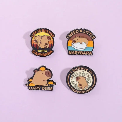 Set of four round anime enamel brooch pins with colorful capybara designs and humorous phrases for cartoon accessories