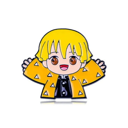Yellow enamel anime enamel brooch featuring chibi character with blonde hair and triangular-patterned coat