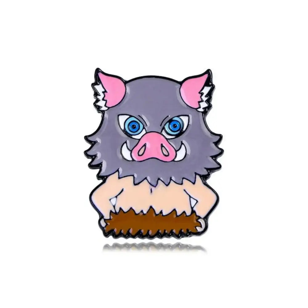 Gray cartoonish boar anime enamel brooch with pink ears and nose blue eyes white tusks and brown bushy tail