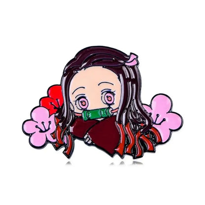 Anime enamel brooch of a chibi character with dark brown hair pink eyes and green bamboo pipe surrounded by cherry blossoms