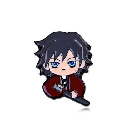 Chibi-style anime enamel brooch featuring a character with spiky black hair bright blue eyes and a red coat