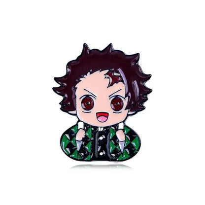 Chibi-style anime enamel brooch featuring a character with spiky dark brown hair, red eyes, and green diamond jacket