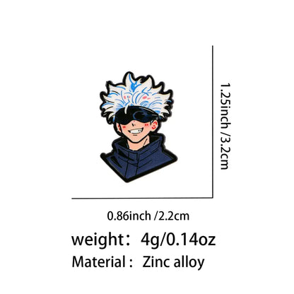 Black and white enamel pin cartoon brooch of a smiling anime character with spiky hair and dark sunglasses
