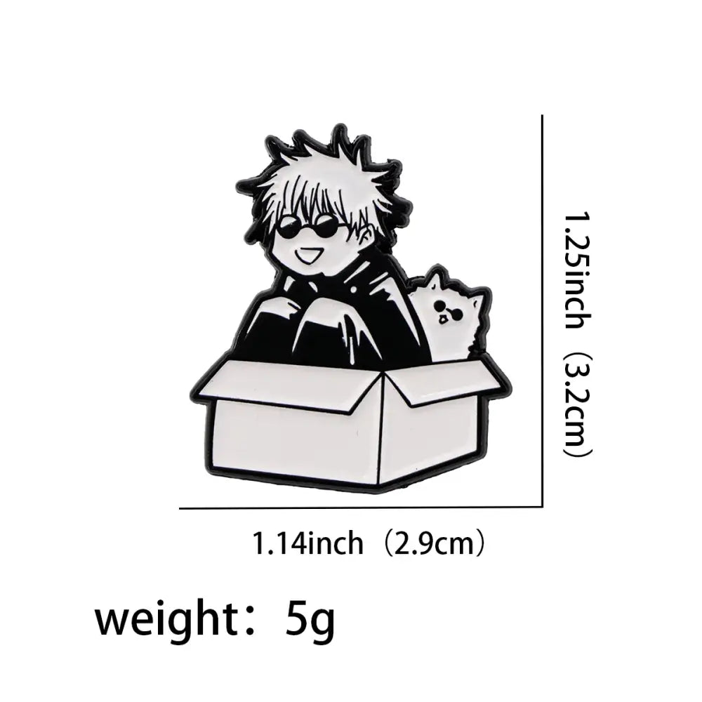 Black and white anime enamel pin cartoon featuring spiky hair character and cat in open box pin cartoon brooch