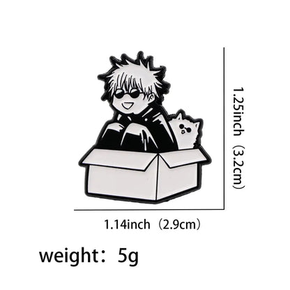 Black and white anime enamel pin cartoon featuring spiky hair character and cat in open box pin cartoon brooch