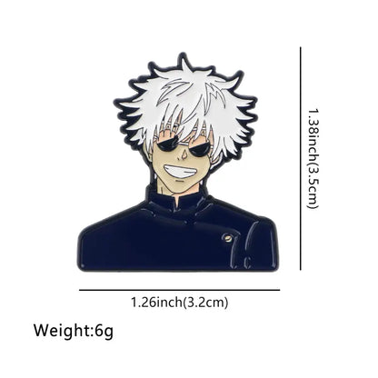 Glossy enamel pin cartoon featuring a smiling anime character with spiky white hair and sunglasses on a navy jacket