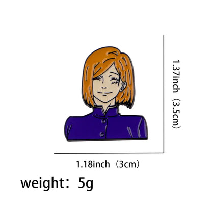 Orange-haired anime enamel pin with short bob haircut and purple high-collared outfit enamel pin cartoon brooch