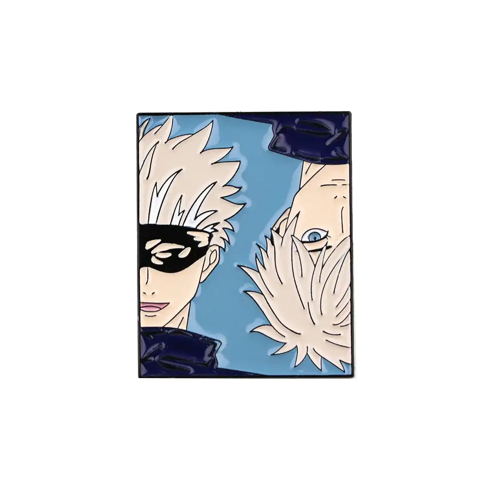 Square-shaped anime enamel pin featuring two spiky white hair characters on light blue background for backpack use