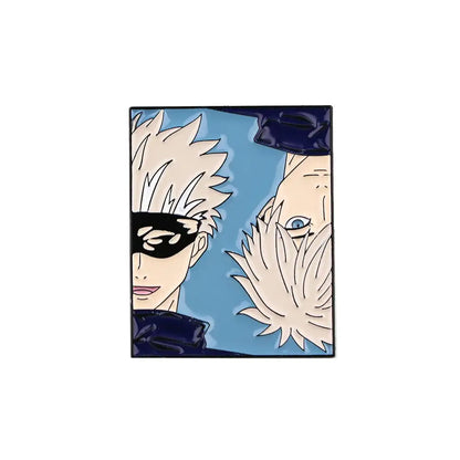 Square-shaped anime enamel pin featuring two spiky white hair characters on light blue background for backpack use