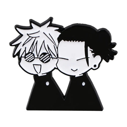 Black and white anime enamel pin cartoon featuring two chibi characters perfect as a backpack lapel badge