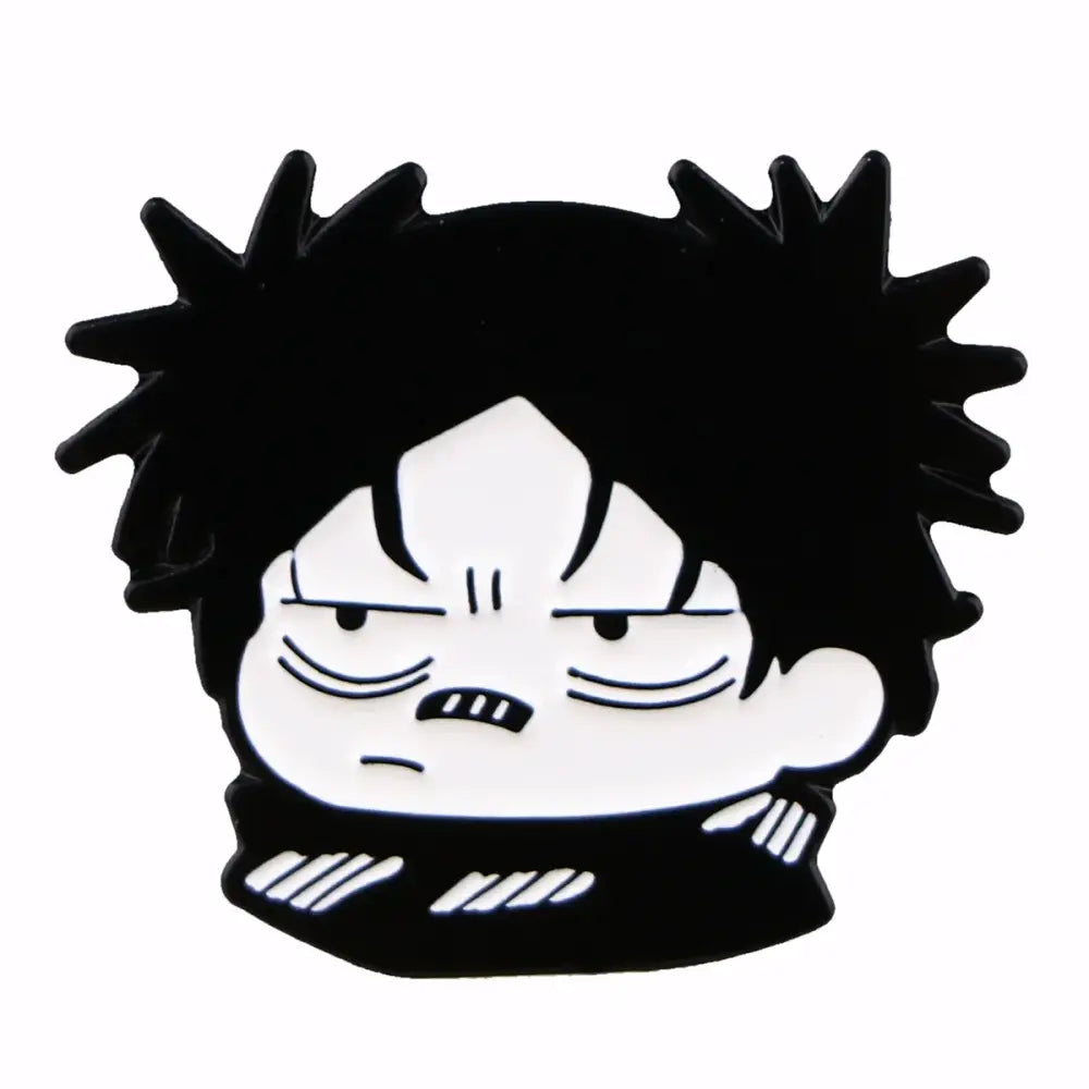 Black and white anime enamel pin featuring a cartoon character with spiky hair and an angry expression for backpacks