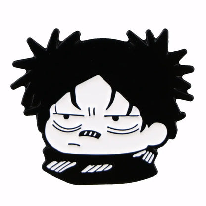 Black and white anime enamel pin featuring a cartoon character with spiky hair and an angry expression for backpacks