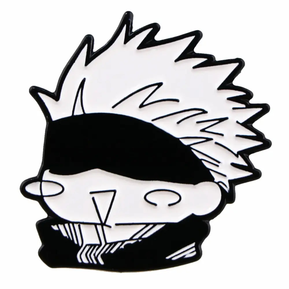 Black and white enamel pin cartoon brooch featuring a stylized blindfolded character with spiky hair for backpacks