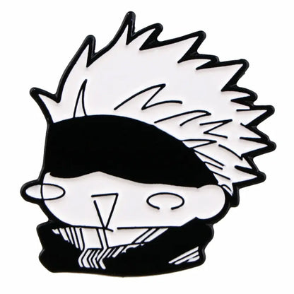Black and white enamel pin cartoon brooch featuring a stylized blindfolded character with spiky hair for backpacks