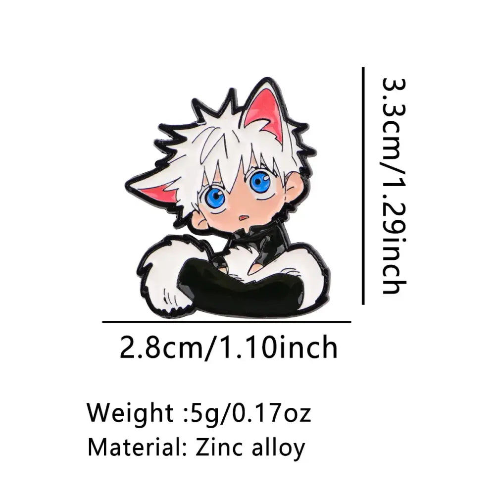 White and black anime enamel pin cartoon featuring a spiky hair character with blue eyes and crossed arms