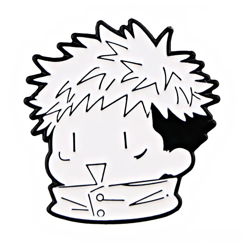 Black and white anime enamel pin cartoon featuring a stylized spiky hair character for backpack lapel badge