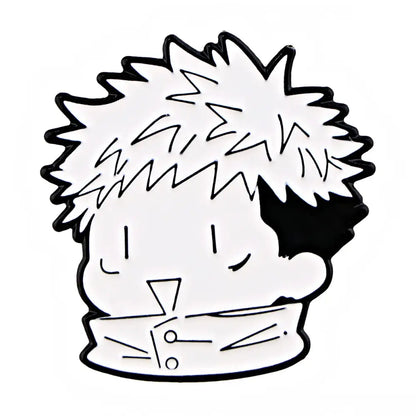 Black and white anime enamel pin cartoon featuring a stylized spiky hair character for backpack lapel badge